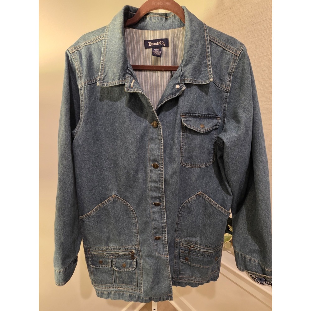 VTG Denim & Co Blue Jean Chore Coat Size L Denim Buttons Zip Pockets